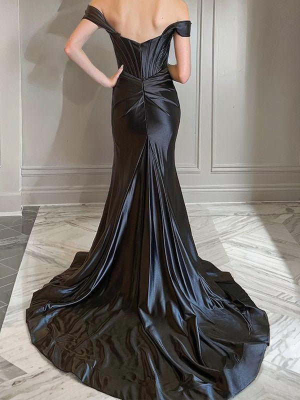 Sheath/Column Silk like Satin Ruched Off-the-Shoulder Sleeveless Court Train Corset Dresses Prom Evening Dress