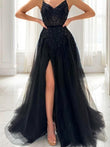 A-Line/Princess Tulle Applique V-neck Sleeveless Sweep/Brush Train Evening Dresses Prom Dress