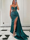 Sheath/Column Silk like Satin Ruched Sweetheart Sleeveless Floor-Length Corset Dresses Prom Evening Dress