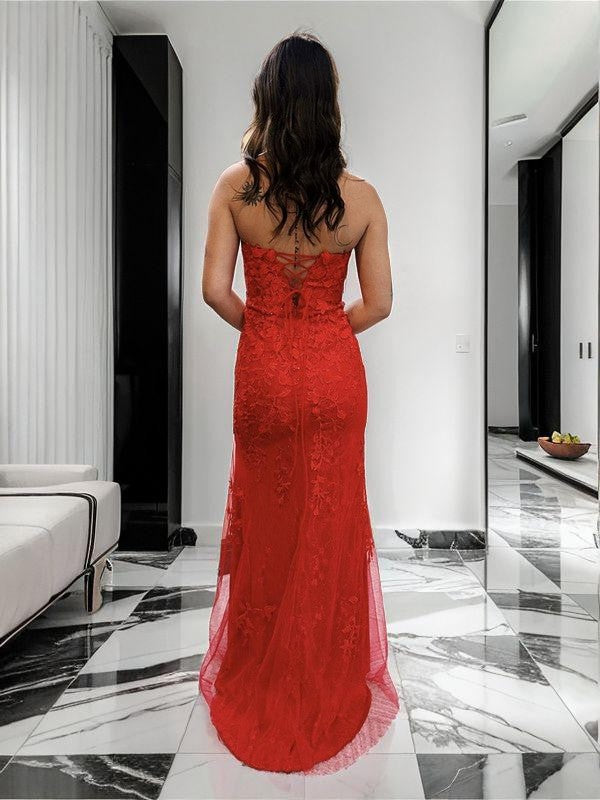 Sheath/Column Tulle Applique Strapless Sleeveless Sweep/Brush Train Dresses Prom Evening Dress