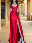 Sheath/Column Silk like Satin Ruched Spaghetti Straps Sleeveless Sweep/Brush Train Corset Dresses Prom Evening Dress