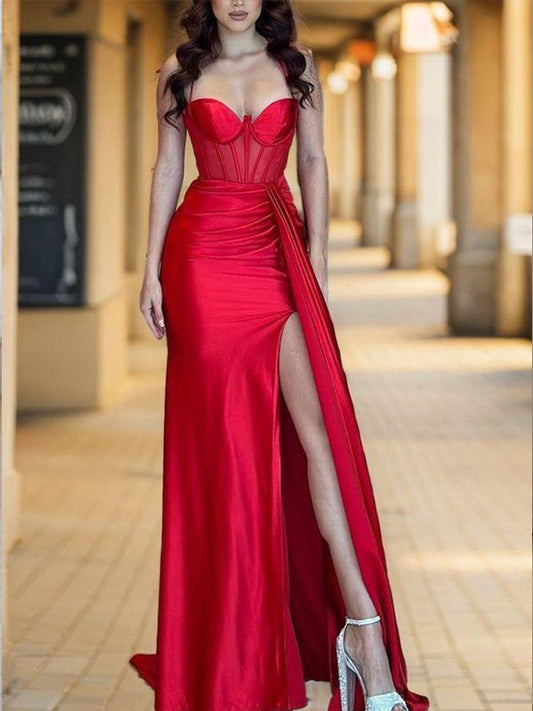 Sheath/Column Silk like Satin Ruched Spaghetti Straps Sleeveless Sweep/Brush Train Corset Dresses Prom Evening Dress