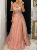A-Line/Princess Tulle Applique Sweetheart Sleeveless Floor-Length Corset Dresses Prom Evening Dress