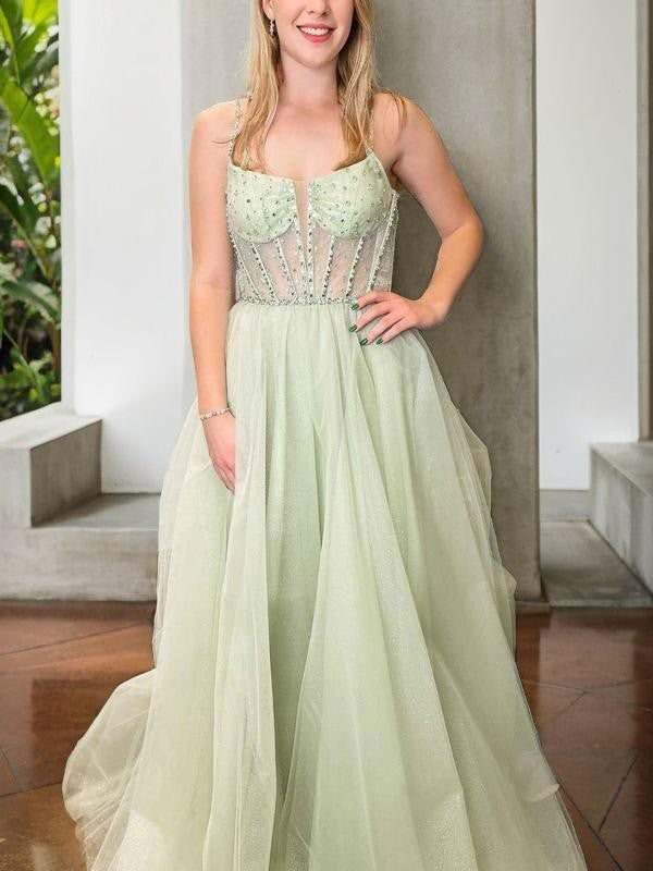 A-Line/Princess Tulle Beading Spaghetti Straps Sleeveless Sweep/Brush Train Corset Evening Dresses Prom Dress