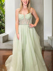 A-Line/Princess Tulle Beading Spaghetti Straps Sleeveless Sweep/Brush Train Corset Evening Dresses Prom Dress
