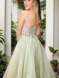 A-Line/Princess Tulle Beading Spaghetti Straps Sleeveless Sweep/Brush Train Corset Evening Dresses Prom Dress