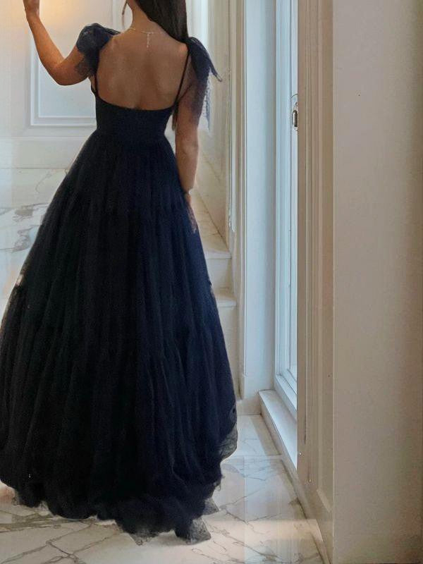 A-Line/Princess Tulle Bowknot Spaghetti Straps Sleeveless Floor-Length Dresses Prom Evening Dress