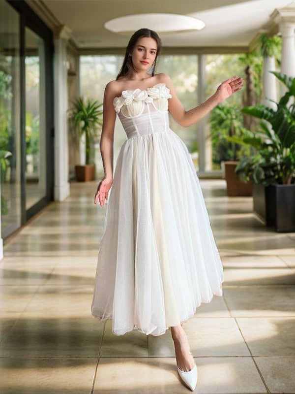 A-Line/Princess Tulle Hand-Made Flower Strapless Sleeveless Ankle-Length Corset Dresses Prom Dress