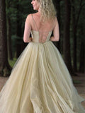 A-Line/Princess Tulle Ruched V-neck Sleeveless Floor-Length Evening Dresses Prom Dress