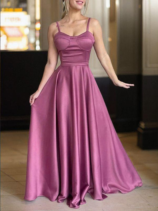 A-Line/Princess Silk like Satin Spaghetti Straps Sleeveless Sweep/Brush Train Dresses Prom Evening Dress