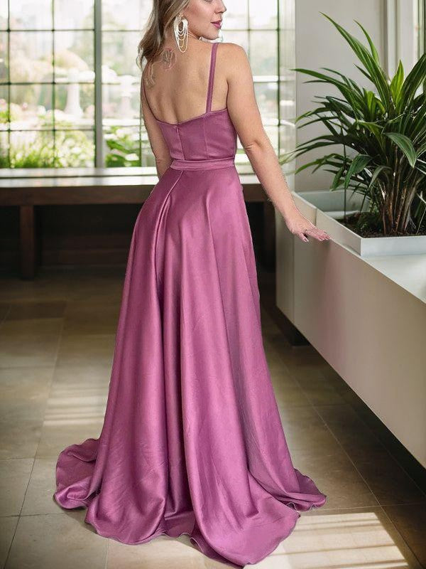 A-Line/Princess Silk like Satin Spaghetti Straps Sleeveless Sweep/Brush Train Dresses Prom Evening Dress