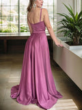 A-Line/Princess Silk like Satin Spaghetti Straps Sleeveless Sweep/Brush Train Dresses Prom Evening Dress