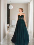A-Line/Princess Tulle Applique Sweetheart Sleeveless Sweep/Brush Train Corset Evening Dresses Prom Dress