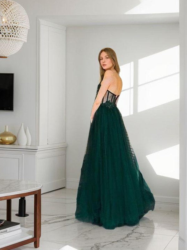 A-Line/Princess Tulle Applique Sweetheart Sleeveless Sweep/Brush Train Corset Evening Dresses Prom Dress