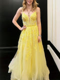A-Line/Princess Tulle Applique V-neck Sleeveless Floor-Length Corset Evening Dresses Prom Dress