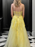 A-Line/Princess Tulle Applique V-neck Sleeveless Floor-Length Corset Evening Dresses Prom Dress