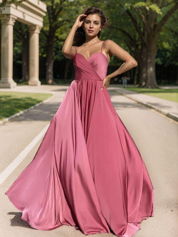 A-Line/Princess Silk like Satin Ruched Spaghetti Straps Sleeveless Floor-Length Evening Dresses Prom Dress