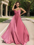 A-Line/Princess Silk like Satin Ruched Spaghetti Straps Sleeveless Floor-Length Evening Dresses Prom Dress