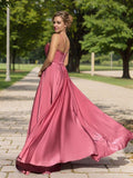 A-Line/Princess Silk like Satin Ruched Spaghetti Straps Sleeveless Floor-Length Evening Dresses Prom Dress
