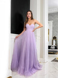 A-Line/Princess Tulle Sweetheart Sleeveless Sweep/Brush Train Corset Dresses Prom Evening Dress