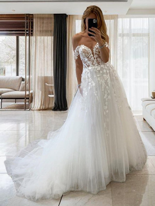 A-Line/Princess Tulle Applique Off-the-Shoulder Sleeveless Court Train Corset Wedding Dresses Bridal Gowns
