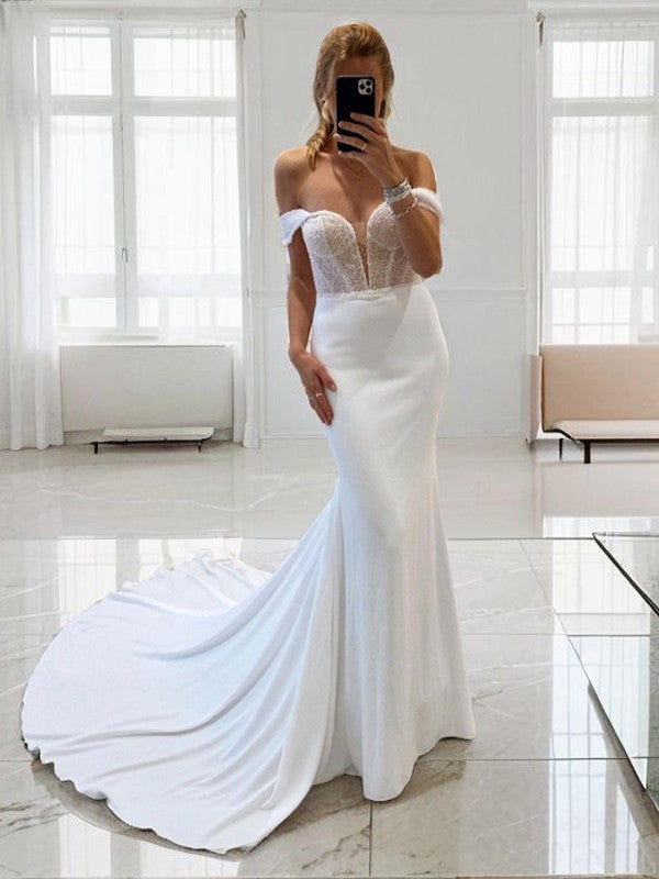 Sheath/Column Charmeuse Off-the-Shoulder Sleeveless Court Train Corset Wedding Dresses Bridal Gowns