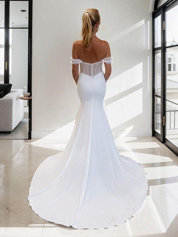 Sheath/Column Charmeuse Off-the-Shoulder Sleeveless Court Train Corset Wedding Dresses Bridal Gowns