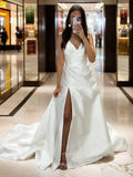 A-Line/Princess Satin Ruched V-neck Sleeveless Chapel Train Wedding Dresses Bridal Gowns