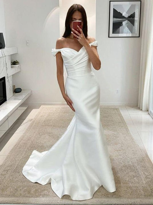 Sheath/Column Satin Ruched Off-the-Shoulder Sleeveless Court Train Wedding Dresses Bridal Gowns
