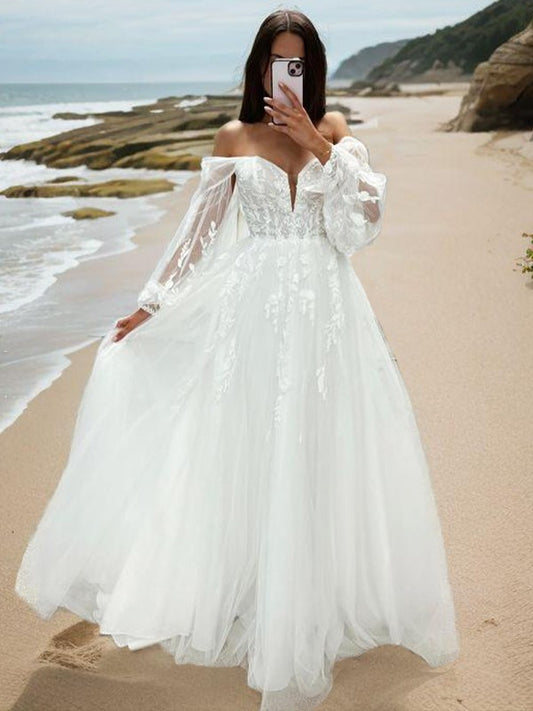 A-Line/Princess Tulle Applique Off-the-Shoulder Long Sleeves Floor-Length Corset Wedding Dresses Bridal Gowns
