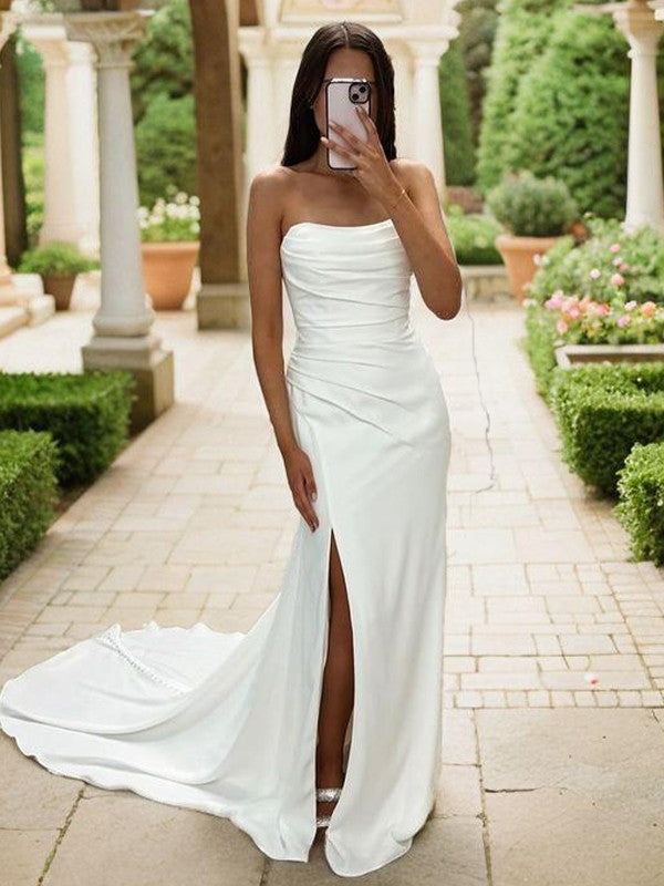 Sheath/Column Silk like Satin Ruched Strapless Sleeveless Chapel Train Wedding Dresses Bridal Gowns