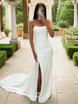Sheath/Column Silk like Satin Ruched Strapless Sleeveless Chapel Train Wedding Dresses Bridal Gowns