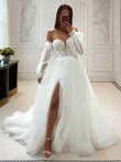 A-Line/Princess Tulle Applique Sweetheart Long Sleeves Court Train Corset Convertible Wedding Dresses Bridal Gowns