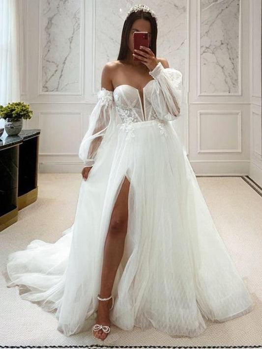 A-Line/Princess Tulle Applique Sweetheart Long Sleeves Court Train Corset Convertible Wedding Dresses Bridal Gowns