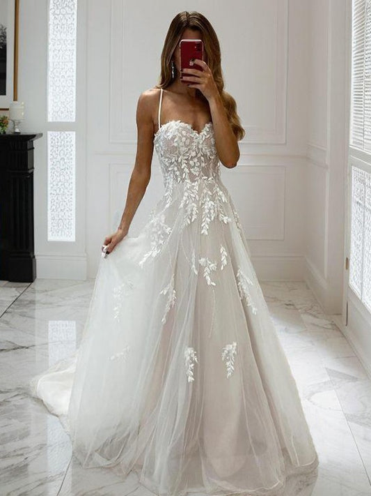 A-Line/Princess Tulle Applique Spaghetti Straps Sleeveless Court Train Wedding Dresses Bridal Gowns