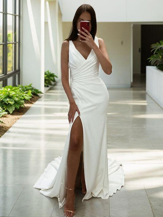 Sheath/Column Charmeuse Ruched V-neck Sleeveless Court Train Wedding Dresses Bridal Gowns