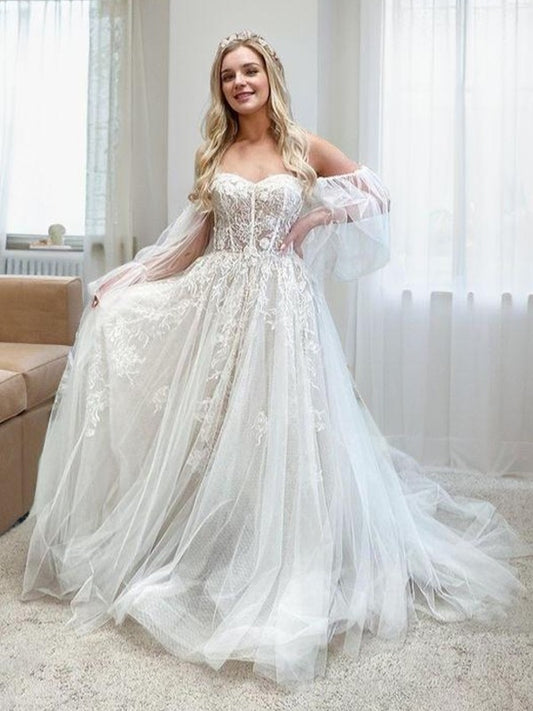 A-Line/Princess Tulle Applique Off-the-Shoulder Long Sleeves Chapel Train Corset Wedding Dresses Bridal Gowns