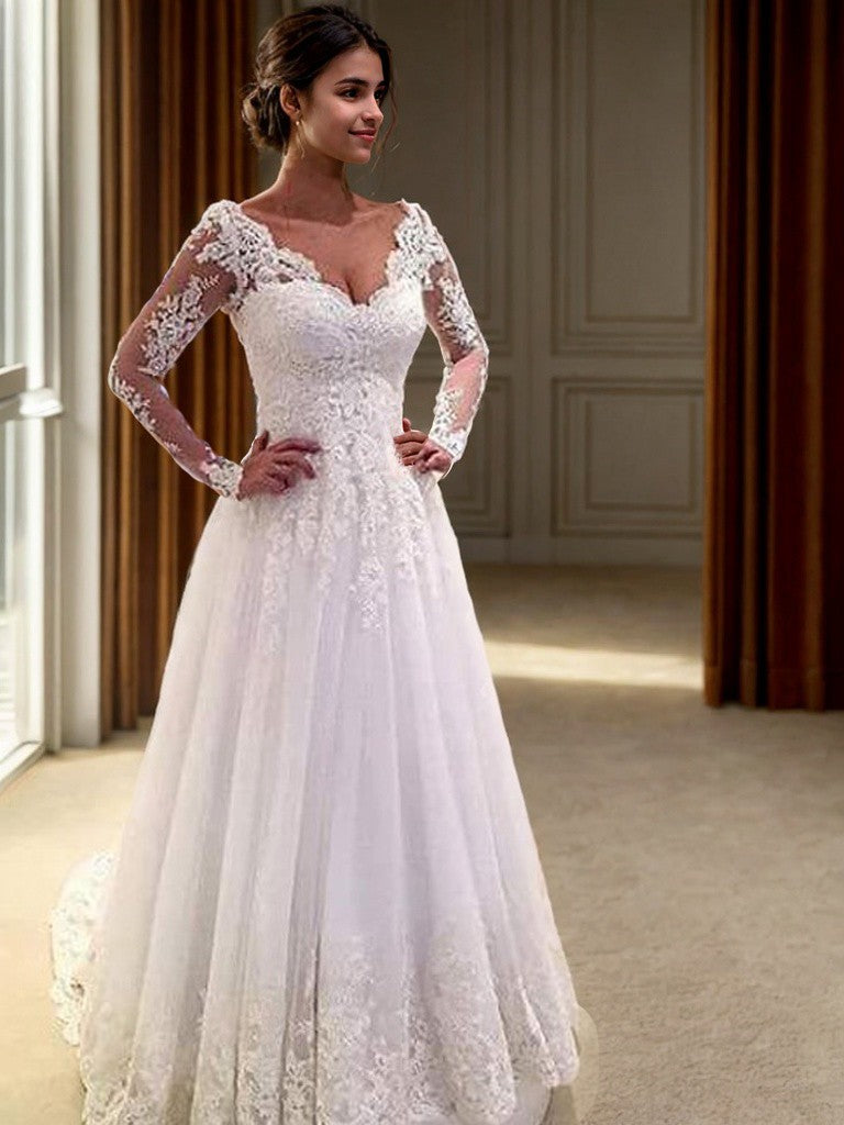Ball Gown V-neck Long Sleeves Lace Court Train Tulle Wedding Dresses Bridal Gowns