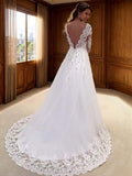 Ball Gown V-neck Long Sleeves Lace Court Train Tulle Wedding Dresses Bridal Gowns