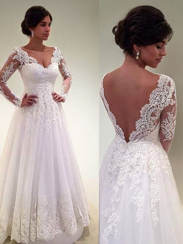 Ball Gown V-neck Long Sleeves Lace Court Train Tulle Wedding Dresses Bridal Gowns