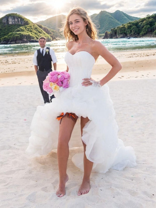 Vestidos de novia de organza, asimétricos, sin mangas, con escote corazón y corte princesa