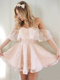 Vestido de fiesta de graduación, corte A/princesa, sin mangas, corto/mini, de encaje, con hombros descubiertos