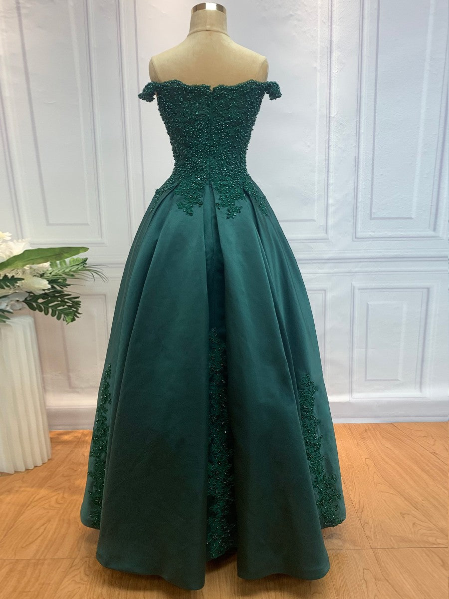 Ballkleid Off-the-Shoulder Ärmellos Bodenlang Spitze Satin Kleider Ball Abend Quinceanera Kleid