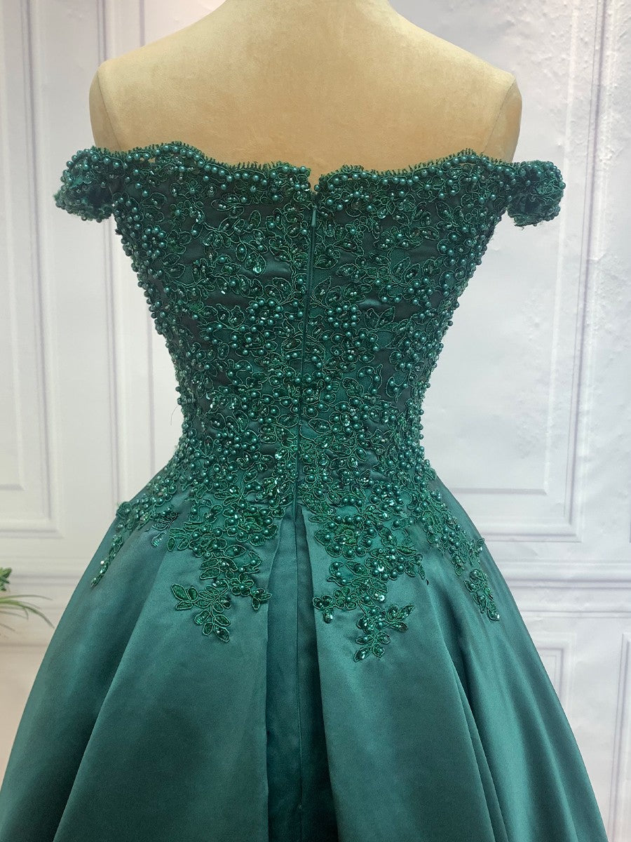 Ballkleid Off-the-Shoulder Ärmellos Bodenlang Spitze Satin Kleider Ball Abend Quinceanera Kleid
