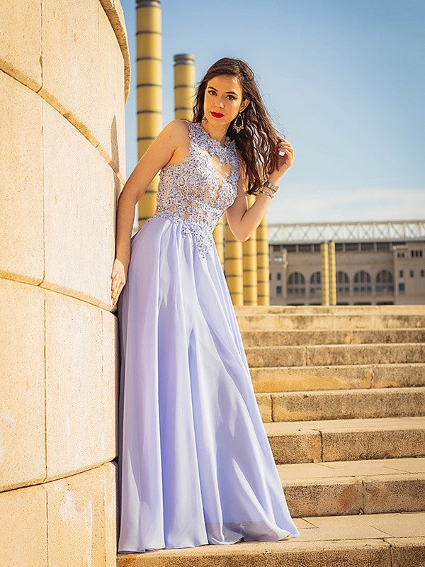 Vestido de noche de graduación con corte A/princesa, sin mangas, apliques de gasa, escote redondo y cola larga