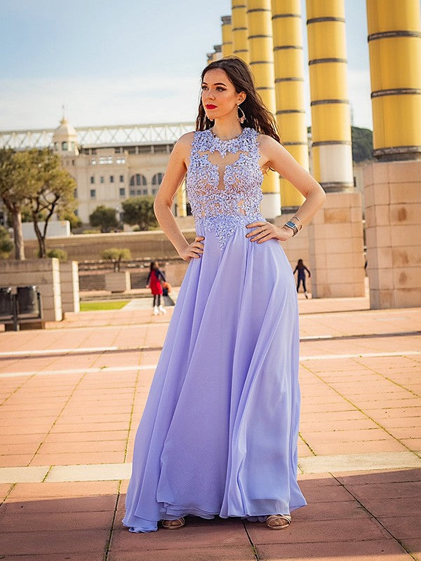 Vestido de noche de graduación con corte A/princesa, sin mangas, apliques de gasa, escote redondo y cola larga