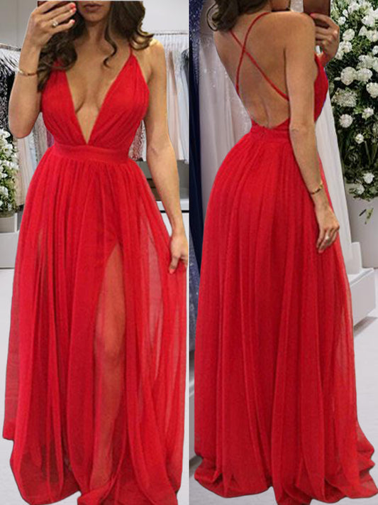 Vestido de fiesta de noche de gasa sin mangas con tirantes finos y corte princesa