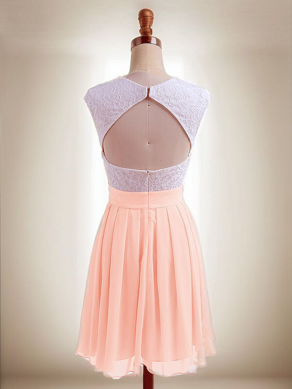 Vestido de cóctel de gasa corto/mini sin mangas con encaje, corte princesa, joya, para fiesta de graduación y regreso a casa
