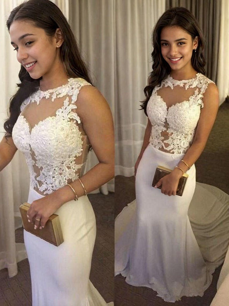 Trumpet/Mermaid Spandex Scoop Applique Sleeveless Court Train Wedding Dresses Bridal Gowns