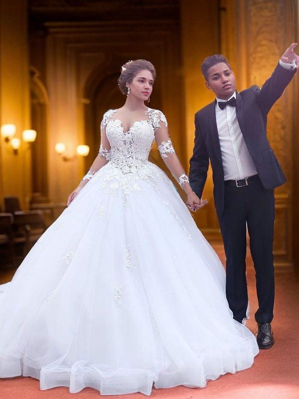 Ballkleid Hofschleppe Herzausschnitt Lange Ärmel Tüll Brautkleider Brautkleider